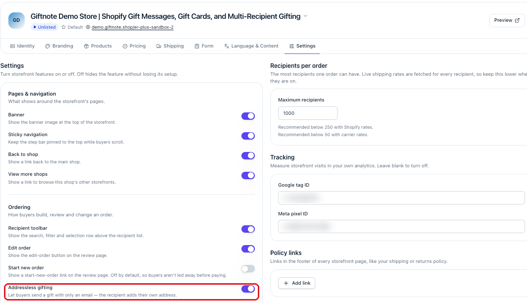 A storefront's Settings tab, with Addressless gifting switched on under Ordering.