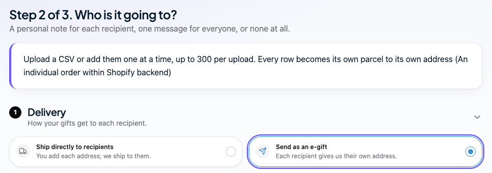 Step 2 of the storefront: the buyer picks Send as an e-gift under Delivery.
