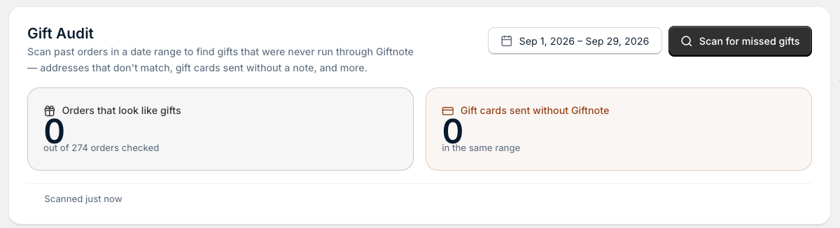 Gift Audit panel with a date range, the Scan for missed gifts button and results for orders that look like gifts and gift cards sent without Giftnote