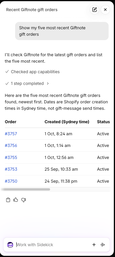 Sidekick answering Show my five most recent Giftnote gift orders with a table of orders, dates and statuses.